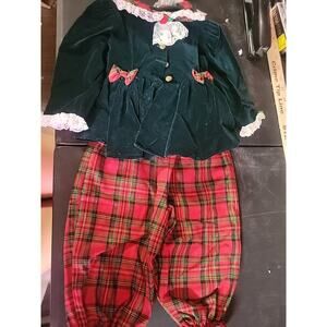 Vintage 12 Months 80s Baby 2 Piece Holiday Christmas Outfit Vevet Green Plaid